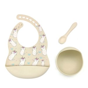 Σαλιάρα Σιλικόνης με Μπωλ και Κουτάλι Beige Cats Beboulino