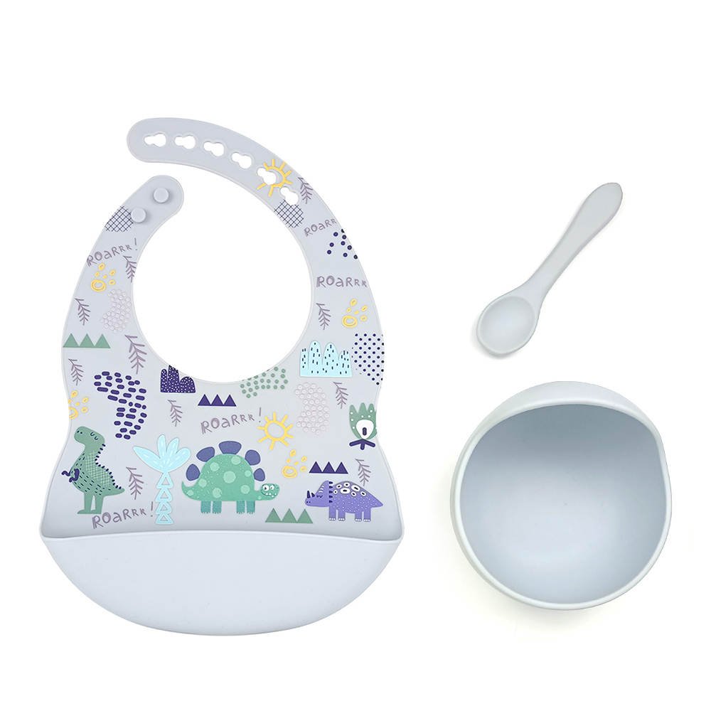 Σαλιάρα Σιλικόνης με Μπωλ και Κουτάλι Light Blue Roarr Beboulino