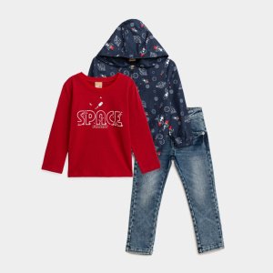 Παιδικό Σετ με Τζάκετ 3τμχ Μπλέ Allover Kόκκινο Mπλέ Jeans Funky